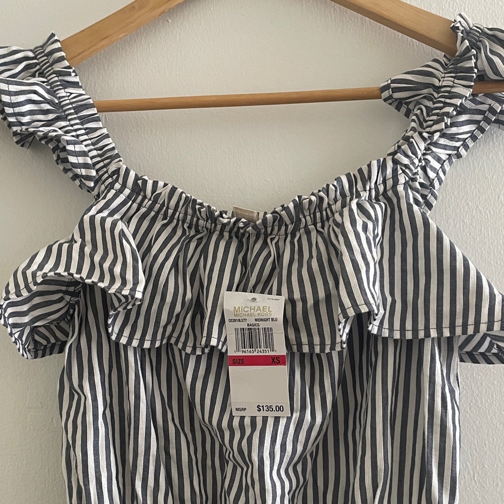 MICHAEL Michael Kors Black & White Striped Ruffle Off-Shoulder Top